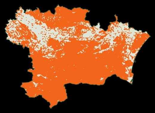 Silhouette du département Aude, zones soumises au débroussaillement en orange