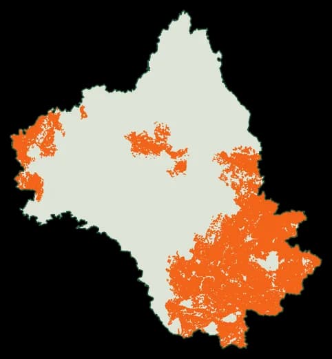 Silhouette du département Aveyron, zones soumises au débroussaillement en orange