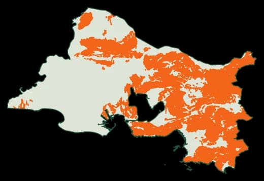 Silhouette du département Bouches-du-Rhône, zones soumises au débroussaillement en orange