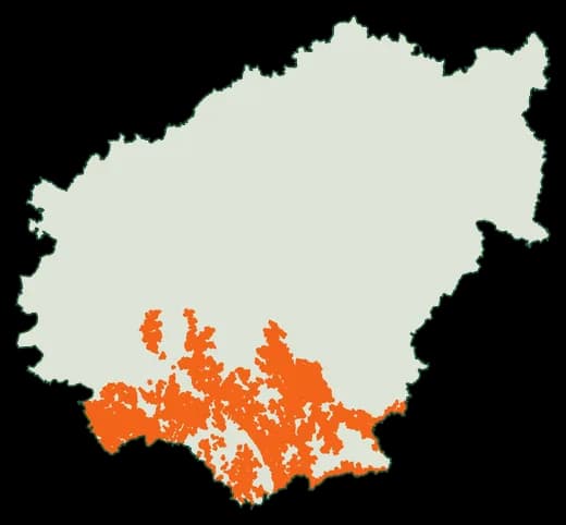 Silhouette du département Corrèze, zones soumises au débroussaillement en orange