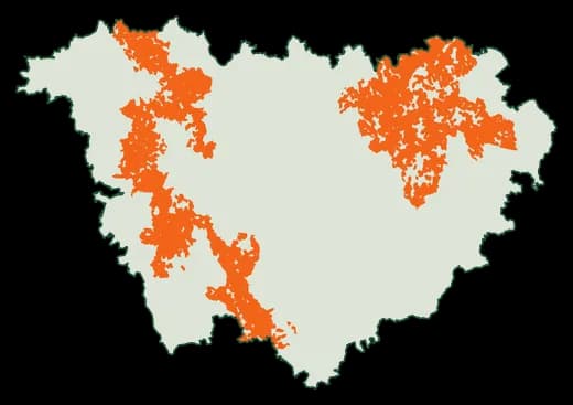 Silhouette du département Haute-Loire, zones soumises au débroussaillement en orange