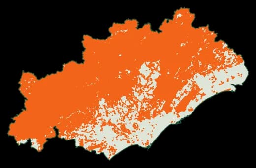 Silhouette du département Hérault, zones soumises au débroussaillement en orange