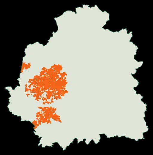 Silhouette du département Indre, zones soumises au débroussaillement en orange