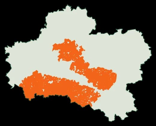 Silhouette du département Loiret, zones soumises au débroussaillement en orange