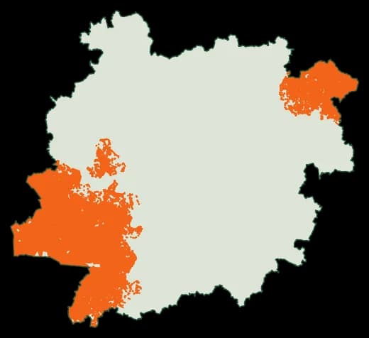 Silhouette du département Lot-et-Garonne, zones soumises au débroussaillement en orange