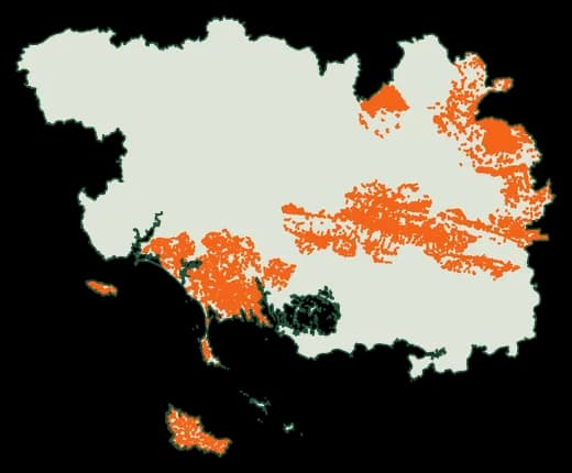 Silhouette du département Morbihan, zones soumises au débroussaillement en orange