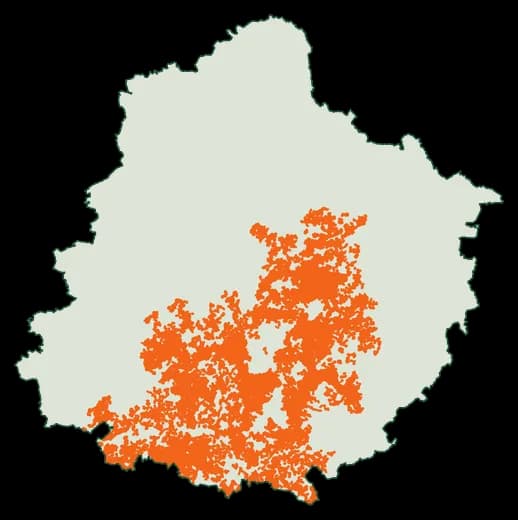 Silhouette du département Sarthe, zones soumises au débroussaillement en orange