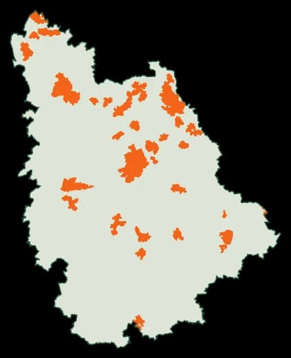 Silhouette du département Vienne, zones soumises au débroussaillement en orange